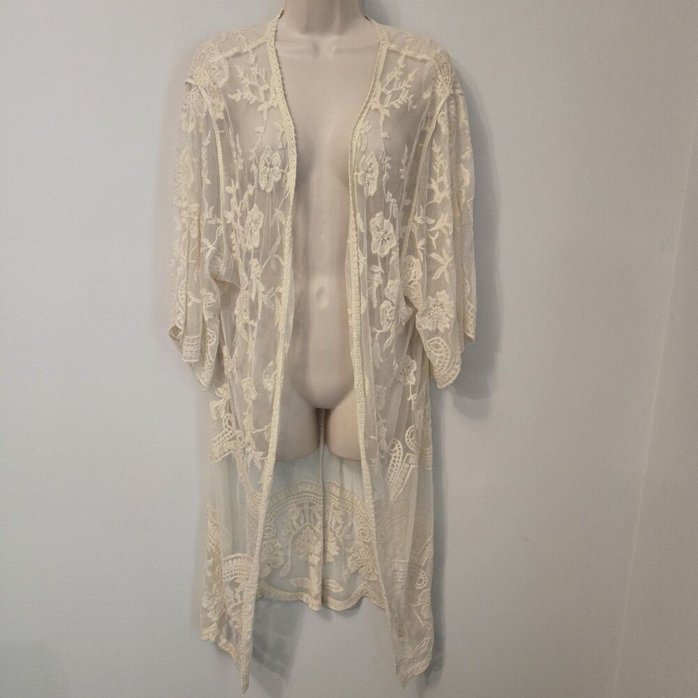 Ivory Sheer Lace Mesh Kimono Duster Cardigan S Festival Embroidered Floral Boho